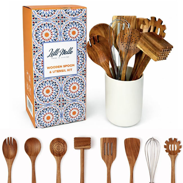 Wooden Spoon and Utensil Kit 8 Pcs, Asian Teak Wood, Nonstick,Spotted Spoon, Meat Tenderer, Spaghetti Fork, Spatula, Salad Tongs, Whisk, Wooden Spoon, Slotted Spatula, Ceramic Utensil Organizer