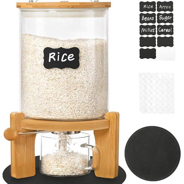 Famyards 5-7 lbs Glass Rice Dispenser with Wooden Stand Flour and Cereal Container with Glass Measuring Cup & Labels & Slider mat Pantry Food Organization Storage Bin with Airtight Bamboo Lid, 3L