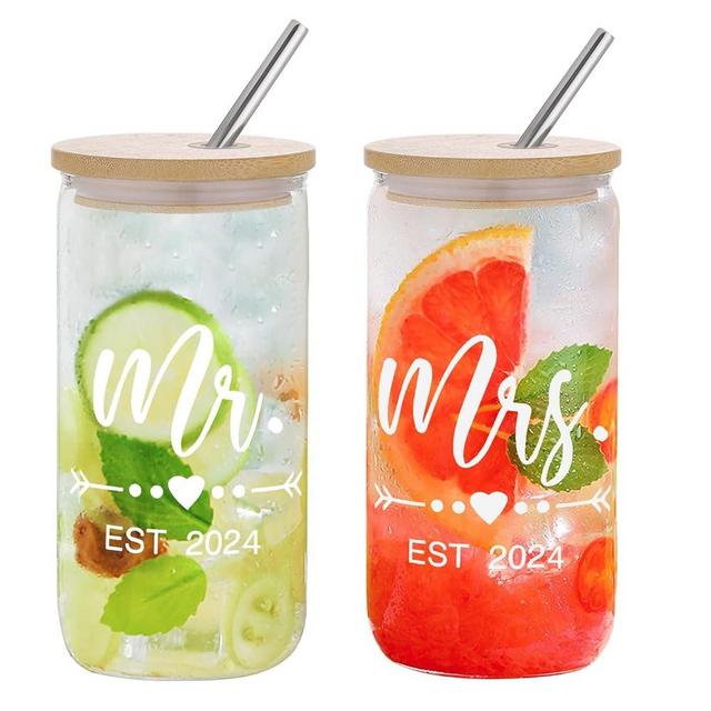 Iced Coffee Cups-Mr and Mrs Gifts Wedding Gifts for Couples 2024 Bridal Shower Gifts Mr and Mrs EST 2024 Glass Tumbler Set With Bamboo Lids & Straw Newlyweds Bride To Be Christmas Gifts for Couples