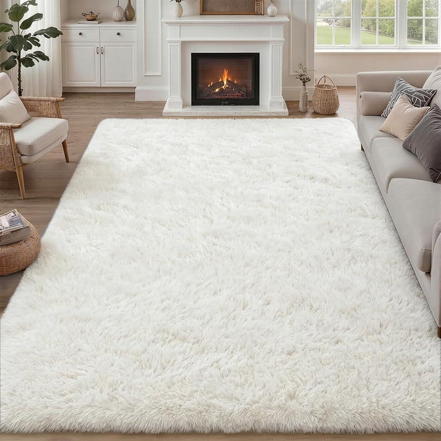 8x10 Area Rugs for Living Room Bedroom: Ultra Soft Fluffy Shag Rug Upgrade Non-Slip Non-Shedding Large Fuzzy Plush Carpet Indoor Floor Carpets for Kids Room Playroom Nursery Dorms Home Decor Ivory