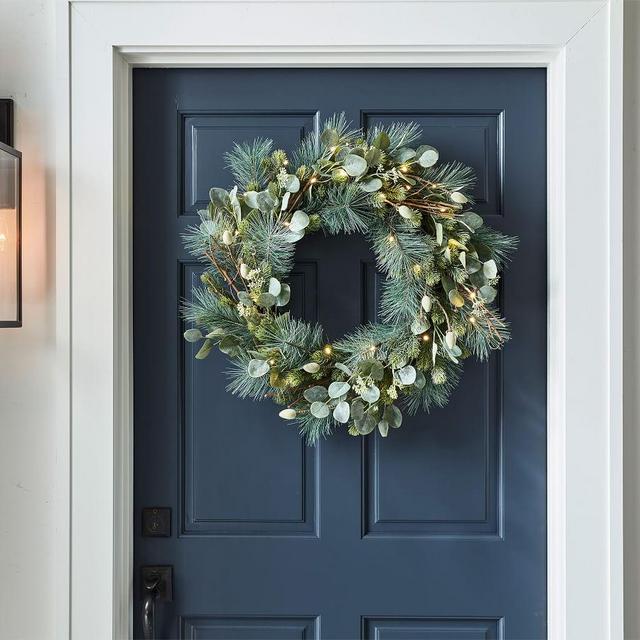 Pre-Lit Faux Eucalyptus & Pine Wreath, 28.5"D