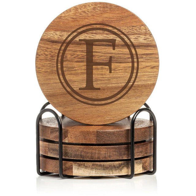 Set of 4 Drink Coasters with Holder Gift Circle Letter F Monogram (Acacia Wood)