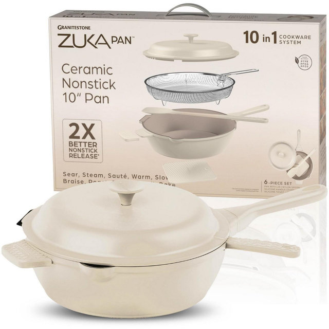 Granitestone Zuka Everyday Pan 10" Cream Nonstick Multi-Functional Saute Pan with Lid, Nylon Spoon and Steamer Basket