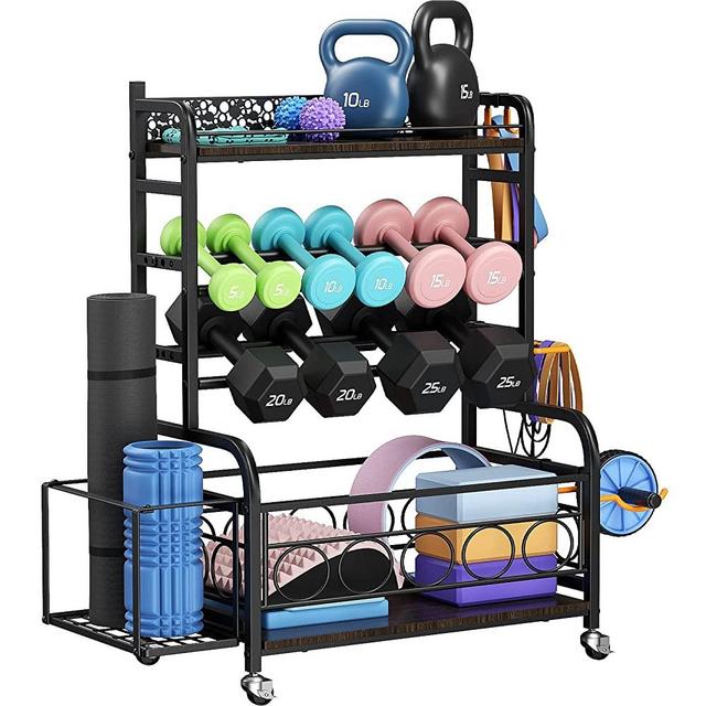 Weight Rack for Dumbbells, Dumbbell Rack Weight Stand, VOPEAK Home Gym Storage Rack for Yoga Mat Kettlebells and Strength Training Equipment, Weight Storage Holder Rack for Dumbbells with Wheels