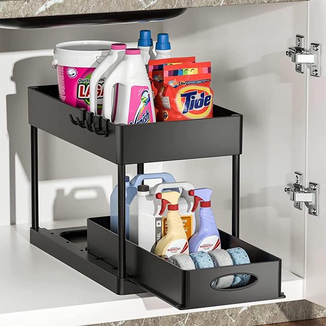 2-Tier Sliding Cabinet Basket Organizer Drawer, Multi-Purpose Under Sink Organizers and Storage for Bathroom Kitchen Under Bathroom Sink Organizer with Hooks The Bottom Slide Out Basket with A Handle