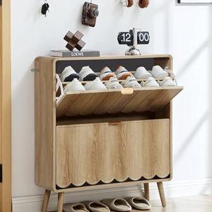 Shoe Storage Cabinet for Entryway with 1 Flip Drawers, Freestanding Narrow Wood Shoe Cabinet with Wave Panel, Hidden Shoe Organizer for Foyer, Hallway (Natural)