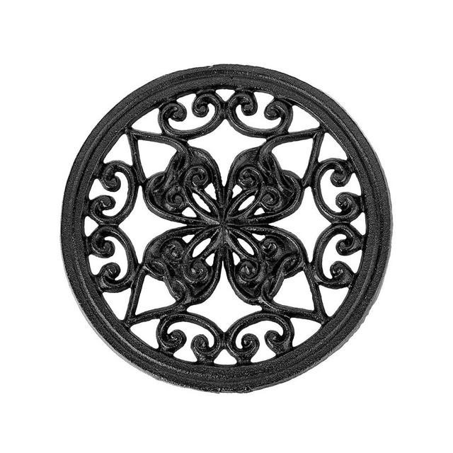 JUXYES Decorative Cast Iron Metal Trivet with Rubber Feet, Vintage Heat Resistant Iron Trivet for Hot Dish Pot Pan Plate Teapot, Round Trivet Mat Hot Pot Holder Pads for Kitchen Or Dining Table