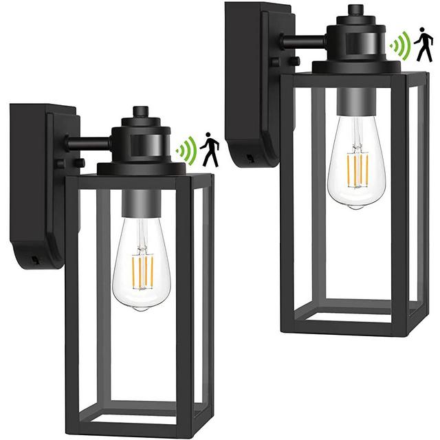 Hykolity 2 Pack Motion Sensor Outdoor Wall Lights, Exterior Dusk to Dawn Wall Lanterns, Matte Black Front Door Lights, Waterproof Wall Mount Light, Anti-Rust Wall Sconce with Clear Glass for Porch