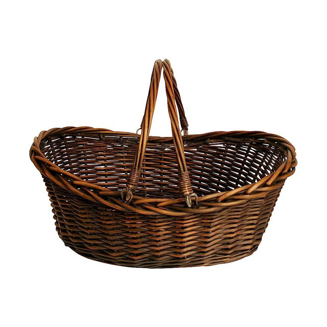 Wald Imports - Small Wicker Basket with Handle - Dark Brown Hand Woven Harvest Basket - Wicker Flower Basket for Storage, Picnics, Easter, Organizing, and More (14 x 5.5 inches)