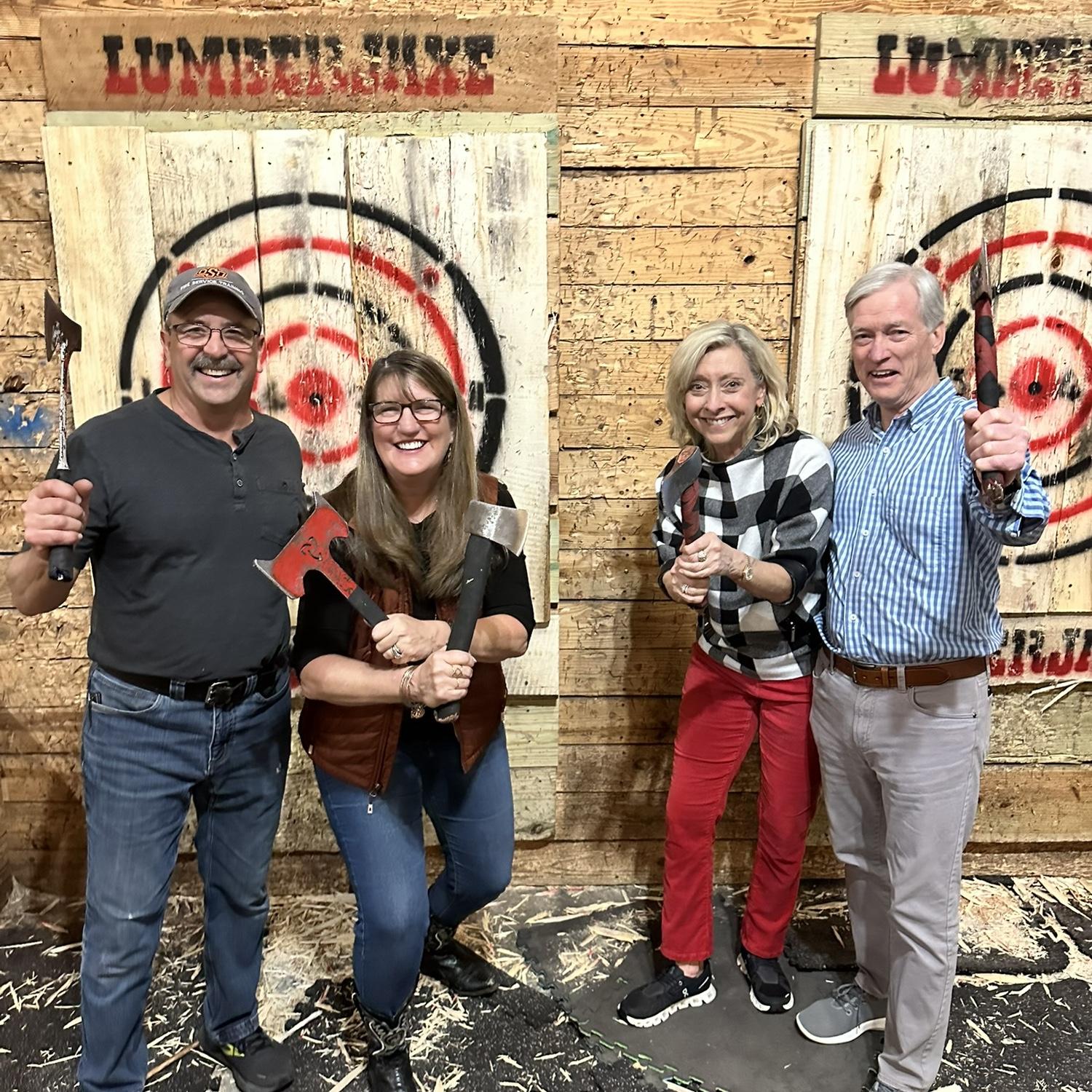 Axe throwing sixth date with Melanie and Jim Matero.
