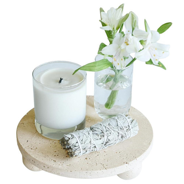 100% Natural Travertine Footed Tray – Round Stone Display Pedestal Stand Riser with 3 Ball Legs, Neutral Decorative Catchall for Vanity, Kitchen, Bathroom, Living Room, Soap, Perfume, Candle, 7.9''