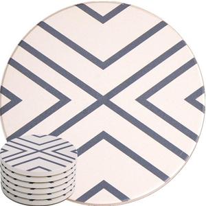 Enkore - Absorbent Coasters For Drinks, Grey-Lines On LARGE Ceramic Stone With Cork Backing, Drink spills Coaster Set of 6 No Holder, OVERSIZE BETTER Protects Furniture From Damage