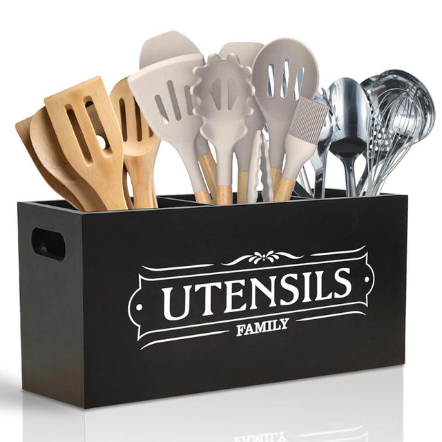 Kitchen Utensil Holder for Countertop, Extra Large Organizers and Storage - Wooden Farmhouse Decor and Utensil Crock for Kitchen Counter, Rustic Countertop Organizer for Cooking Tools(Black)