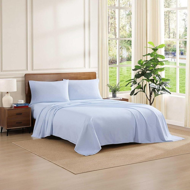 Tommy Hilfiger - Queen Size Sheets Set, Crisp & Tailored Cooling Sheets with a Weaved Cotton Percale Lightweight Feel - Bed Sheets with Matching Pillowcases & Fitted Sheet (Ithaca Stripe Blue)
