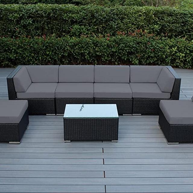 Ohana 7-Piece Outdoor Patio Furniture Sectional Conversation Set, Black Wicker with Gray Cushions - No Assembly with Free Patio Cover
