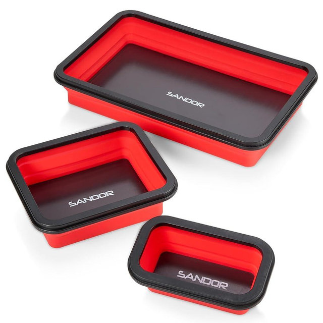 Collapsible Magnetic Parts Tray Set - 3 Different Size Tool Trays for Screw, Bolts, Nuts, Washers, Pins and Other Small Metal Parts, Mechanic Tool Gifts for Men - Red