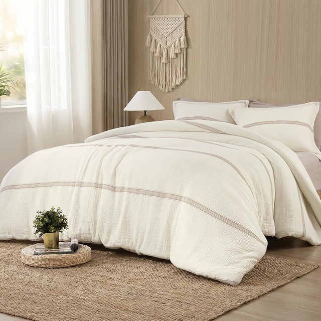 PHF Cotton Muslin Comforter Set King – 100% Cotton Cover, Ultra Soft & Breathable, 3PCS Lightweight All-Season Bedding with Polyester Fill, 1 Comforter 104"x90" & 2 Pillow Shams 20"x26", Ivory