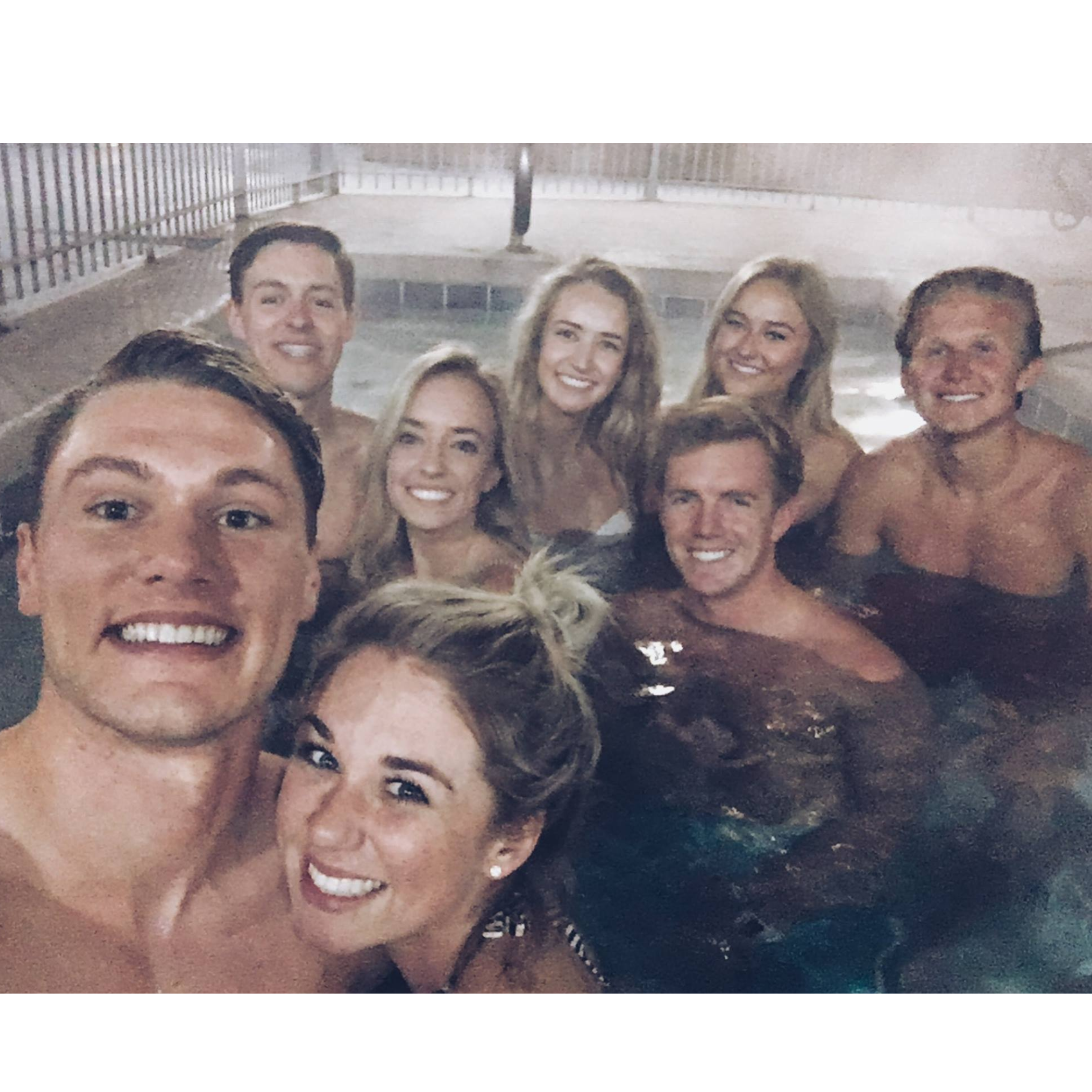 Hot tubbing with the squad in the winter of 2017 at the Avenues (which is where we would later live four doors down from each other and fall in love)