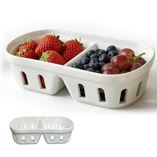 Berry Colander, 2 in 1 Square Ceramic Strainer with Holes, Ceramic Berry Basket for Fruit, Nuts, Vegetables (White)