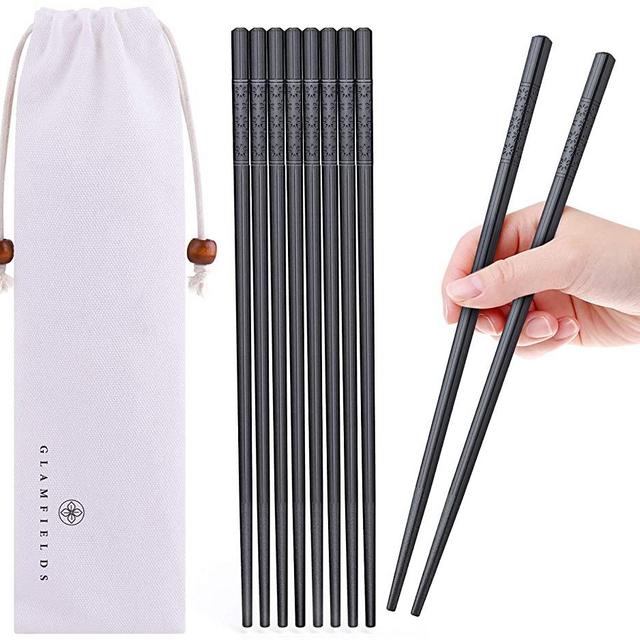 5 Pairs Fiberglass Chopsticks, GLAMFIELDS Reusable Japanese Chinese Korean Chop sticks Dishwasher Safe, Non-slip, 9 1/2 inches - Black with Multi-purpose Cotton Drawstring Bag Carrying Case