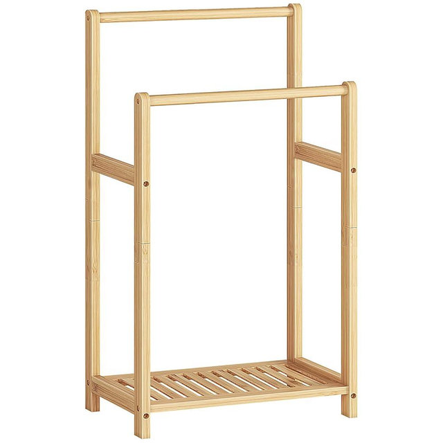 HOOBRO Freestanding Towel Rack for Bathroom, 2 Tier Decorative Bamboo Blanket Rack, Quilt Display Stand with Storage Shelf, 16.5" L x 9.4" W x 30.5" H, Bedroom, Living Room, Natural Color YL02LB01