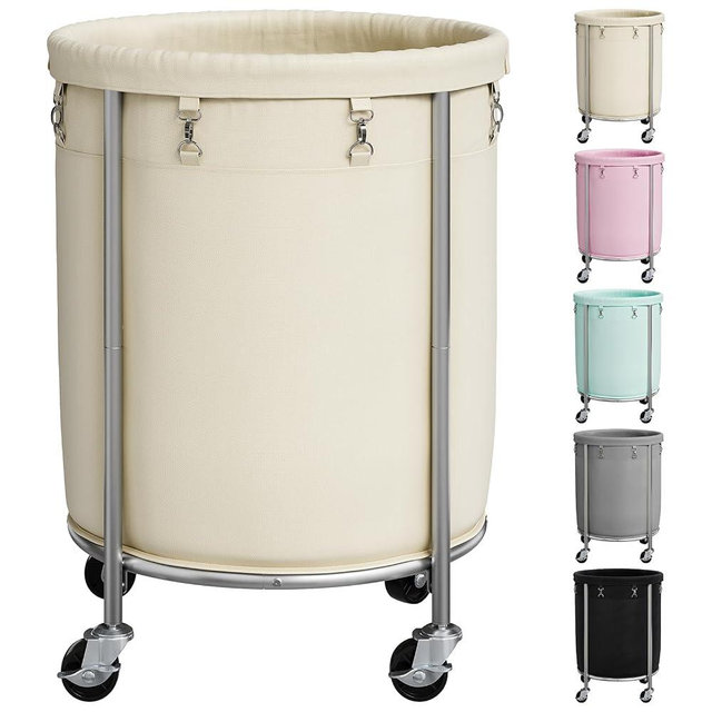ELYKEN 190L Laundry Basket with Wheels, Large Rolling Laundry Hamper with Removable Liner Bag, Round Rolling Laundry Cart, Dirty Clothes Hamper for Hotel, Home, Closet, Dorm, Cream