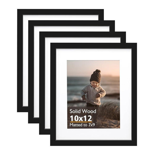 KINLINK 10x12 Picture Frame Black, Solid Wood Frames with Acrylic Plexiglass for Pictures 7x9 with Mat or 10x12 without Mat, Tabletop and Wall Display Photo Frame, Set of 4