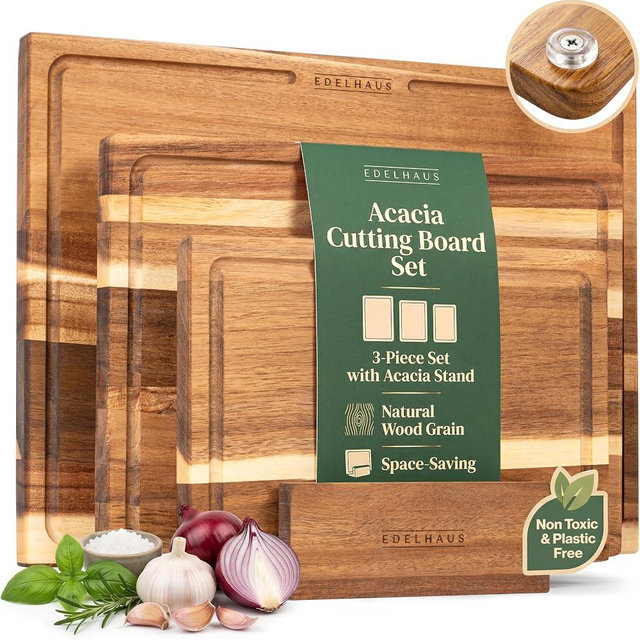 EDELHAUS Acacia Wood Cutting Board Set of 3 with Anti-Slip Silicone Feet | Single-sided acacia boards, silicone anti-slip feet, deep juice grooves, knife-friendly FSC wood, non-toxic, set of 3 & stand