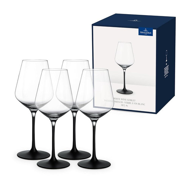 Villeroy & Boch Manufacture Rock Set of 4 White Wine, Crystal Glass Black Stem, Dishwasher Safe