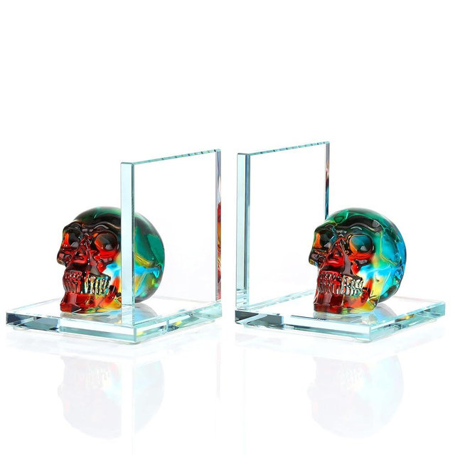 Book Ends for Shelves, Glass Bookends with Plating Multicolor Crystal Skull, Day of The Dead Decor, Non Skid Sturdy Crystal Decorative Bookends for Heavy Books, Office, Set of 2