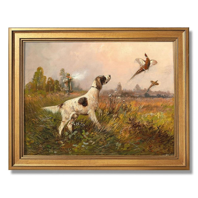 LWGYLKJ Gold Framed Wall Art Pheasant Hunt by Moritz Müller Reproduction Canvas Print Poster Vintage European Hunting Scene Sporting Dog Artwork Antique Game Bird Decor for Living Room 12X16inch