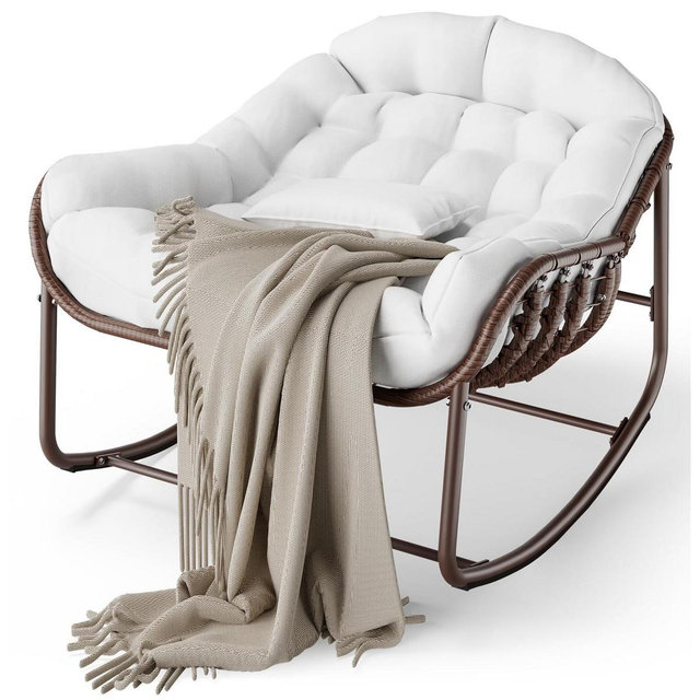 Papasan Rocking Chair Oversized Durable Wicker Weather-Resistant Cushion Sturdy Frame Ergonomic Egg Lounge for Porch Balcony Garden 450 lbs Capacity