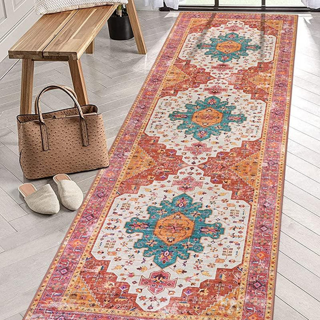 Moynesa Ultra-Thin Washable Runner Rug - 2'6"x8' Pink Runners for Hallways, Persian Non-Slip Bedroom Rug Runner, Vintage Oriental Medallion Kitchen Carpet Runner for Home Entrance Decor