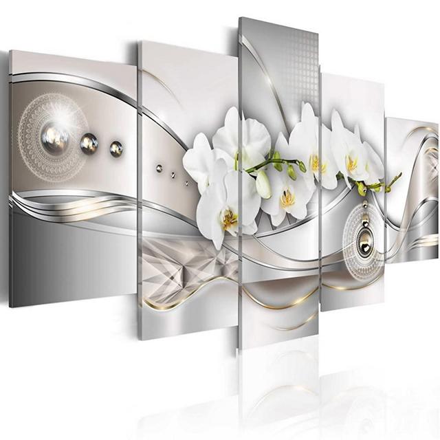 Large Vibrant Flower Canvas Wall Art Pearl Orchids Print Artwork Modern Decor 5 Panels Painting White Floral HD Picture Bedroom Framed Ready to Hang 60x30