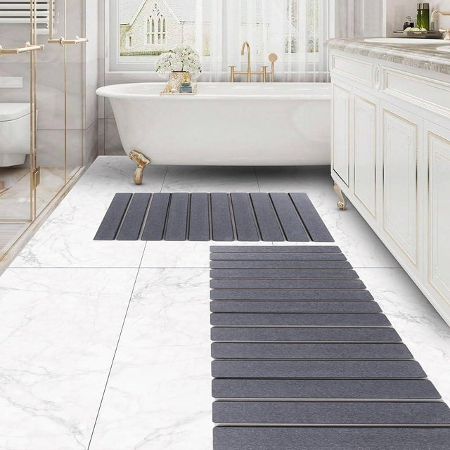 Foldable Stone Bath Mat Set, 2 Diatomaceous Earth Mats with Non-Slip Pads, Super Absorbent Quick-Dry Bathroom Rugs, Diatomite Shower Mat, Easy to Clean, Grey, 2 Piece Set
