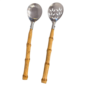 Vintage Bamboo and Stainless Steel Serving Utensils - Set of 2