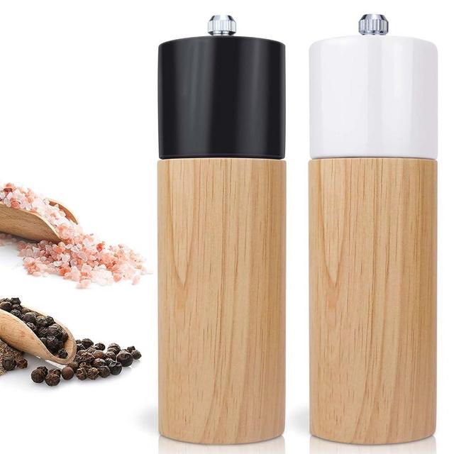 Salt and Pepper Grinder Set, Pepper Grinders Manual with Adjustable Ceramic Rotor, Oak Wood Salt and Pepper Mill, Refillable Spice Grinder for Sea Salt, Pepper, Peppercorns, Chilli, Black&White