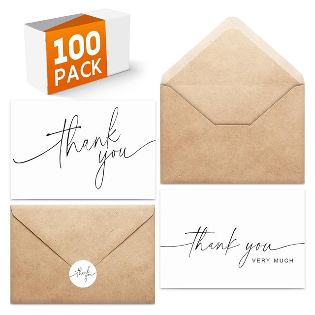 100 PACK Thank You Cards Bulk with Kraft Envelopes and Matching Stickers, 4x6 Inch Blank Greeting Cards Suitable for Small Business, Baby Shower Wedding, Graduation, Bridal Shower, Funeral, Engagement