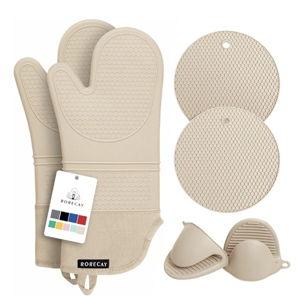 Oven Mitts and Pot Holders Sets 6pcs, Extra Long Kitchen Silicone Oven Gloves High Heat Resistant 500 Degrees Non-Slip Potholders Hot Pads for Baking Cooking, Milkshake