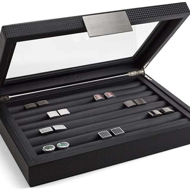 Glenor Co Cufflink Box for Men - Holds 70 Cufflinks - Luxury Display Jewelry Case -Carbon Fiber Design - Metal Buckle Holder, Large Glass Top - Black