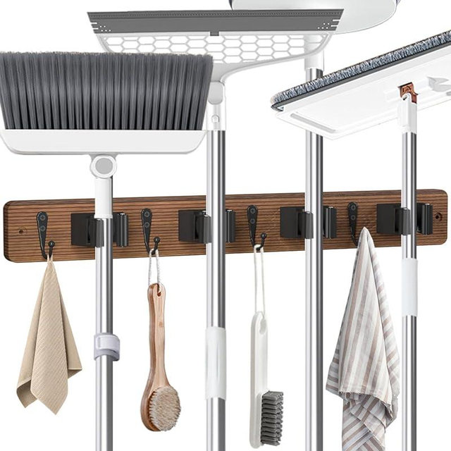 Broom Holder Wall Mounted, 4 Holders and 4 Hooks Mop Holder, Wooden Mop and Broom Holder with Anti slip rubber, Natural pine wood Brush Holder, Mop Wall Holde with Nail installation, Room Storage