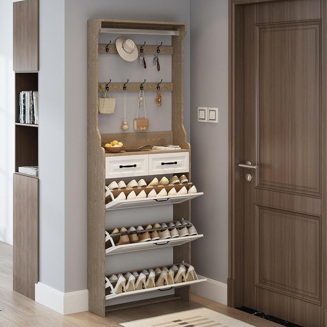 Olela Shoe Cabinet for Entryway, Multi-Functional Narrow Hidden Slim Shoe Rack Organizer with 3 Flip Drawers, Space-Saving Design Freestanding Storage with Open Shelves Metal Clothing Rack