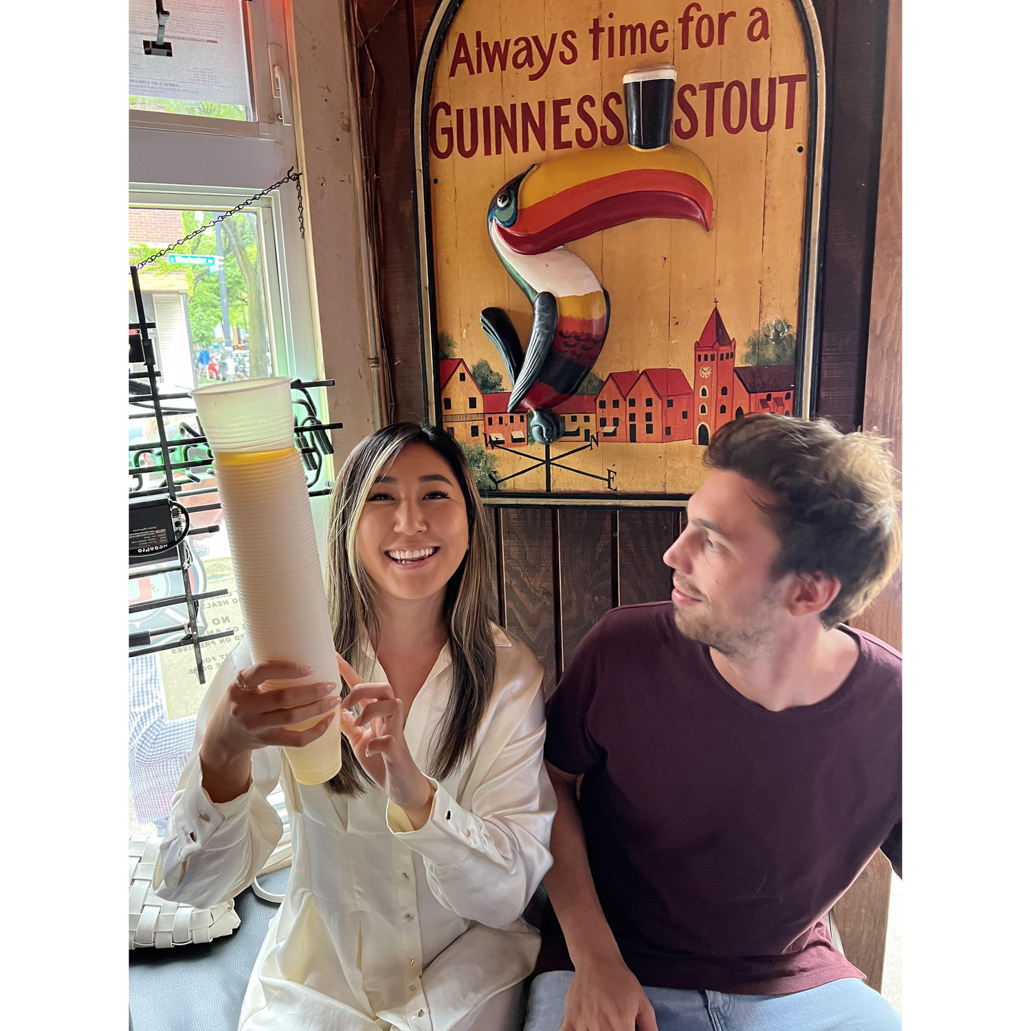 Michael & Julie at one of their favorite Chicago bars: Lottie's! We always had fun there with our Kellogg friends. Here we were trying to collect 100 beer cups on their $1 beer day. Bar was not amused