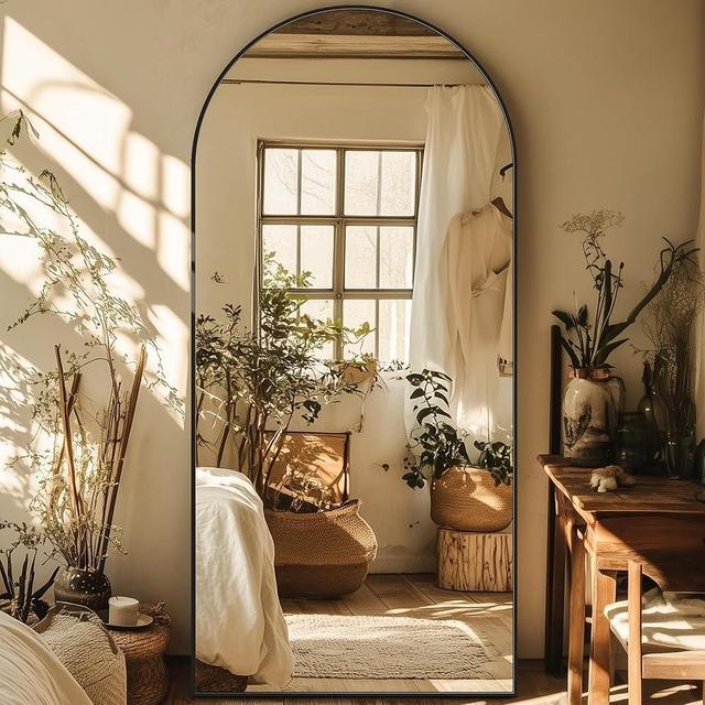 Full Length Mirror, 76"x34" Oversized Arched Mirror Large Standing Mirror Tall Mirror Body Floor Mirror Wall Mirror Hanging Mirror for Bedroom Living Room Cloakroom Aluminum Frame Black