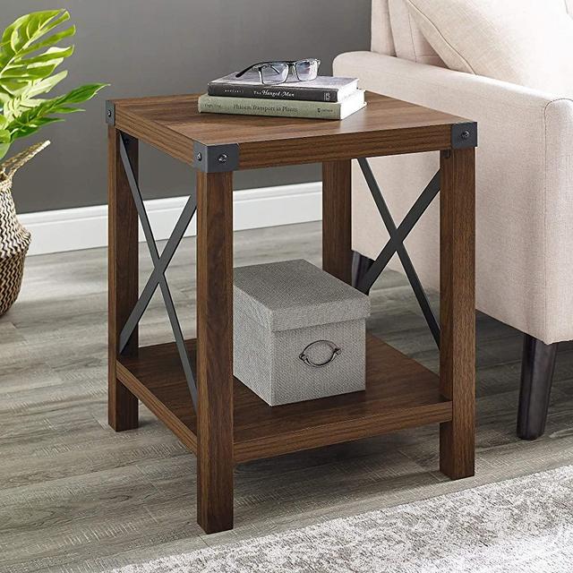 Walker Edison Furniture Company Rustic Farmhouse Round Metal and Wood Side Accent Living Room Small End Table, 18 Inch, Dark Walnut