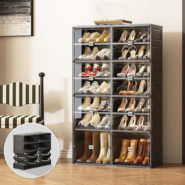 Vipbox Black Shoe Rack Organizer Cabinet for Closet Entryway,Clear Shoe Storage Boxes Stackable Sneaker Storage with Door Easy Assembly Shoe Cabinet with Lids Large 7 Tiers 28 Pairs