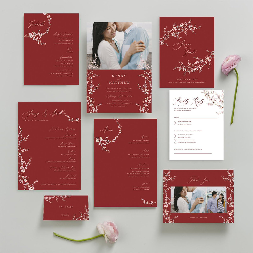 Sakura Photo | Dark Red | Zola Wedding Invitations
