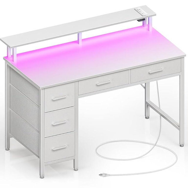 Seventable Computer Desk with Power Outlets & LED Light, 39 inch Home Office Desk with 5 Drawers, Writing Desk with Monitor Stand, Work Desk for Home Office, White