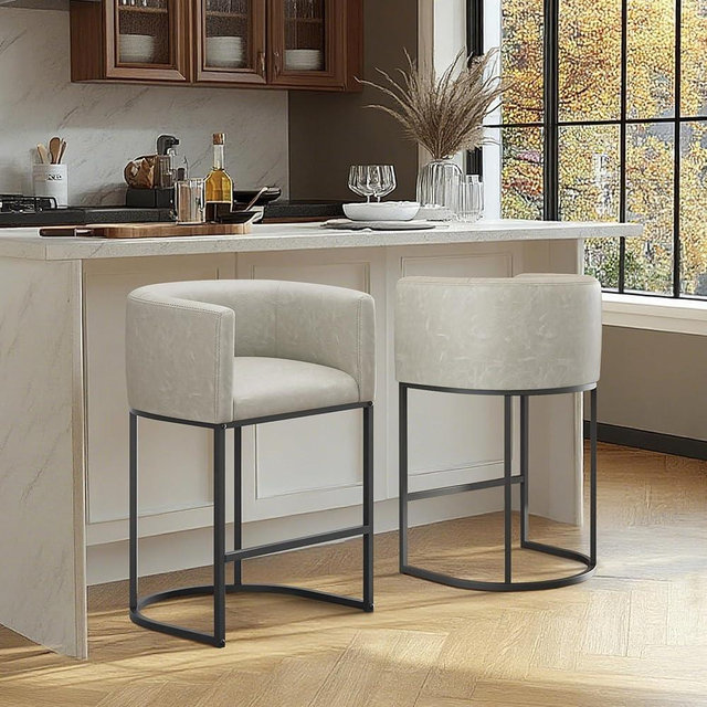 KRAMZMING Counter Height Bar Stools Set of 2, Modern Counter Stools for Dining Room, 24 Inch Barstools for Kitchen Island, Faux Leather Bar Stool with Metal Legs and Back Footrest, Greige(White)