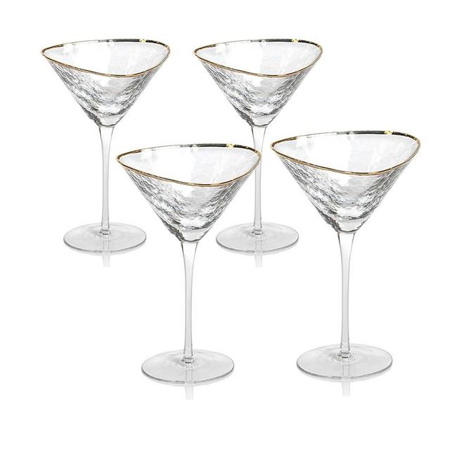 Martini Glasses Cocktail Glasses Set of 4 - Triangular shape Hand hammered with Gold Rim Unique Martini Glass For Cocktails - Elegant Martini Glass 4 pack for Celebrations and Cocktail Parties
